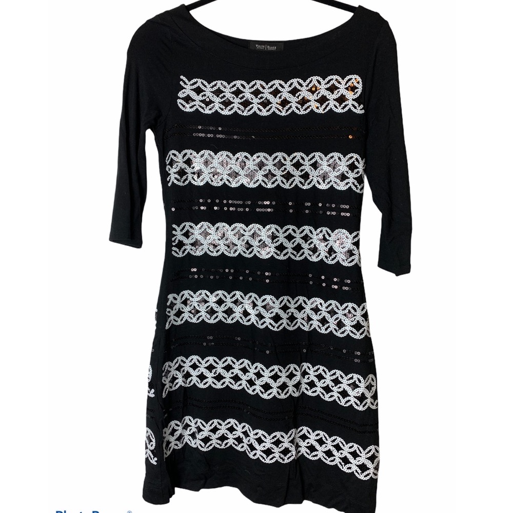 WHBM Black Sequined Shift Dress 3/4 Sleeves